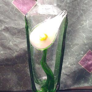 1980's bubble art glass ruffled vase with applied cala lilly
